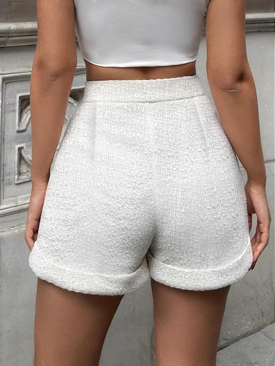 Women's White High Waist Tweed Shorts Casual Elegant Short Pants Solid Color Pockets Streetwear