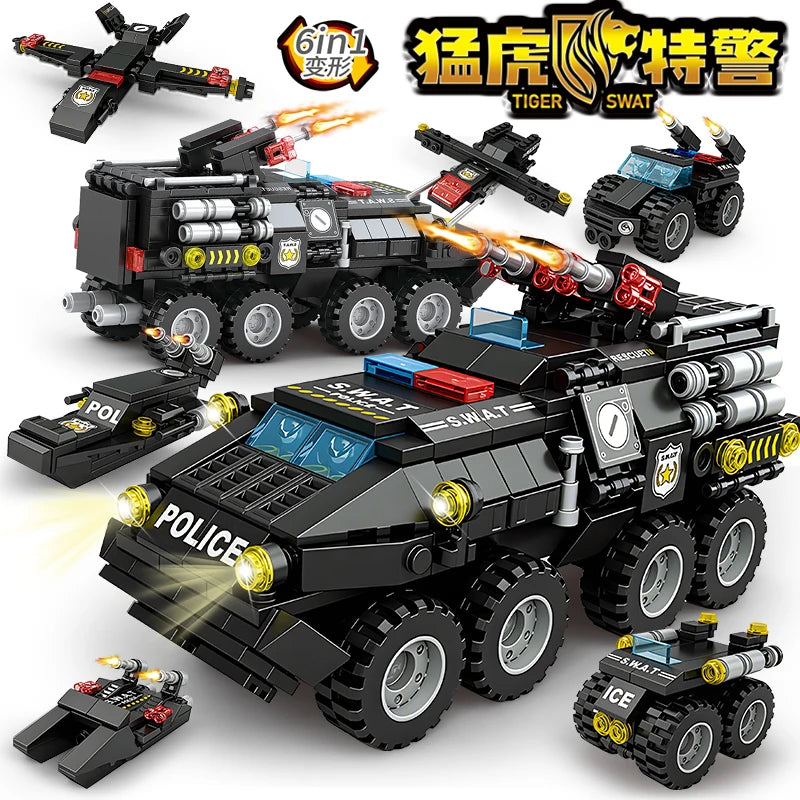 6 In 1 Military Building Blocks Construction Vehicle Toy Set