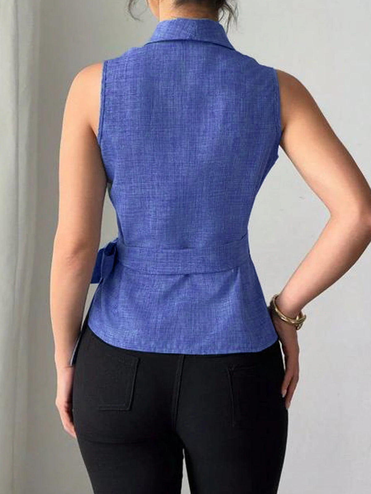 Women Blue Wrap Tie Waist Blouse Sleeveless V-Neck Slim Fit Office Casual Summer Top