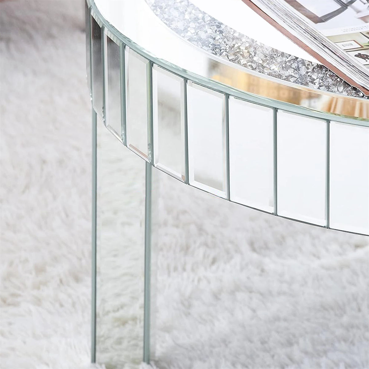 Crushed Crystal Round Coffee Table Glitz Sparkle Diamond Sofa Side Accent Table Bedside Table