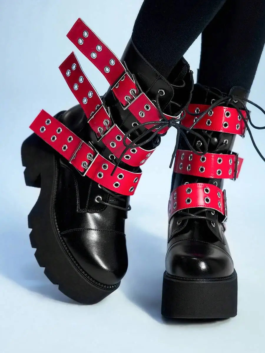 ROMWE Grunge Punk Women's Dark Punk Style Thick Sole Chunky Heel Ankle Boots, Gothic Metal Chain Decor Wedge Ankle Boots,