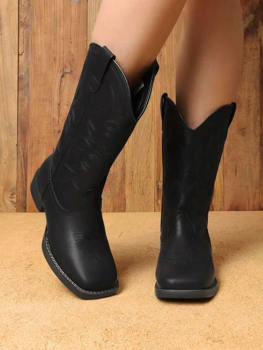 Women's Cowboy Boots Embroidered Square Toe Chunky Low Heel Mid Calf Cowgirl Western Fashionable For Theme Party Country