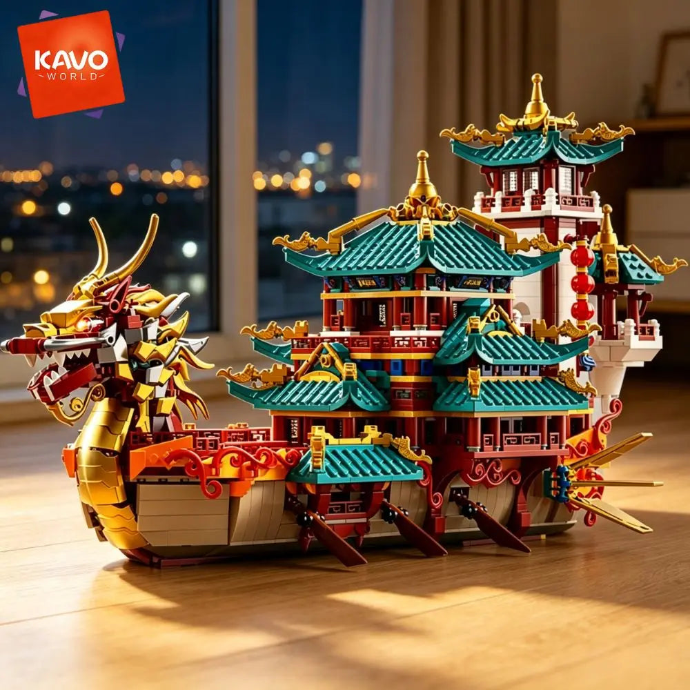 KAVOWORLD 2453pcs Dragon Boat Building Blocks Festival Chinese Ancient Pavilion Ship Display Model with LED Light Traditional DIY Loong Vessel Brick Assembly Puzzle Set Home Ornament Architecture MOC Construction Kit Hallowee