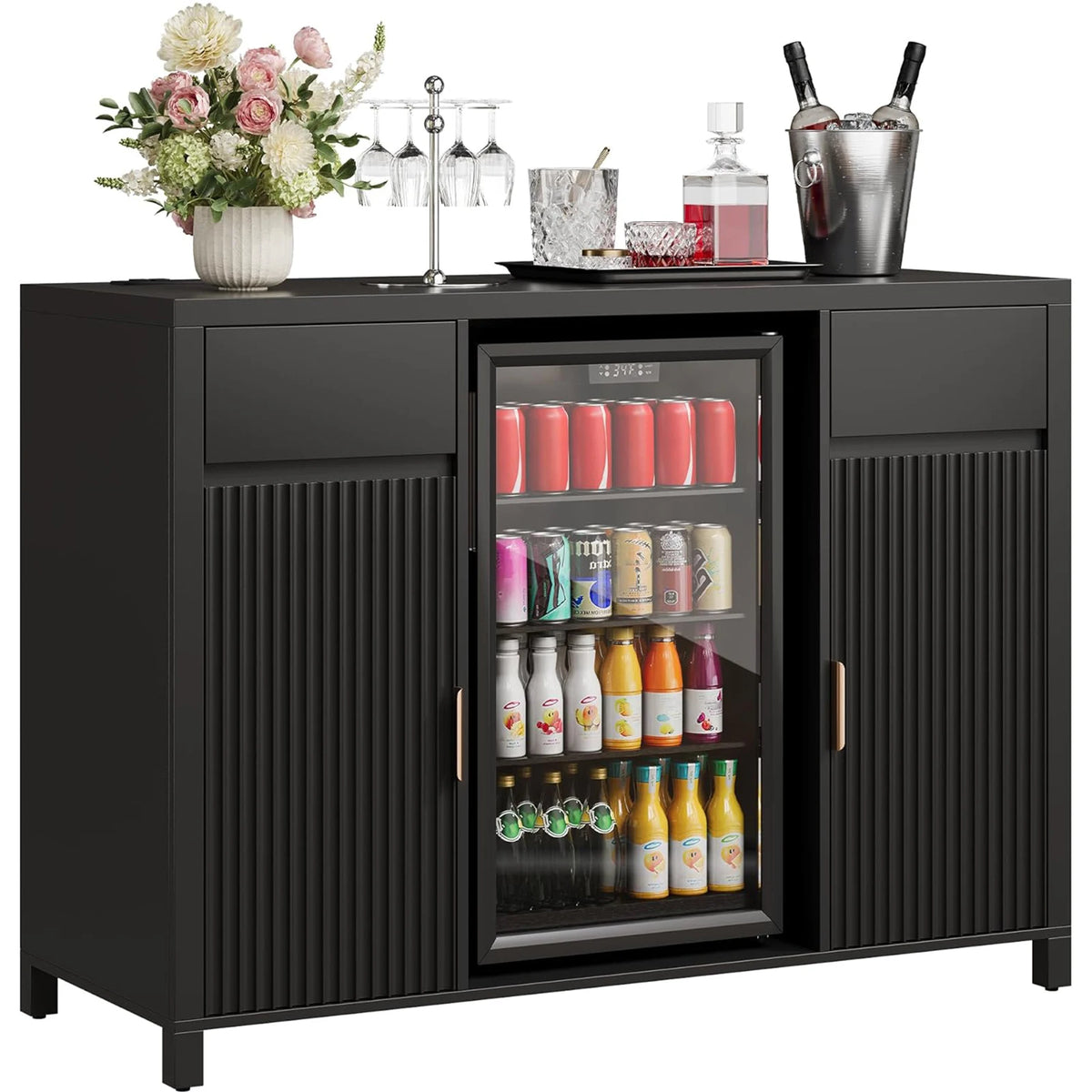 HiMISS Fluted Coffee Bar With Mini Fridge And Wine Storage