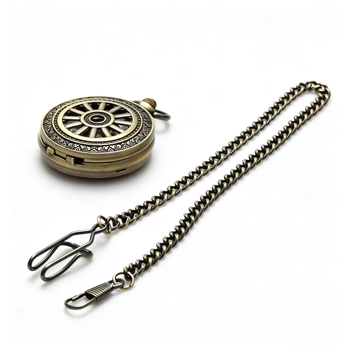 Vintage Open Face Pocket Watch with Chain and Arabic Numerals