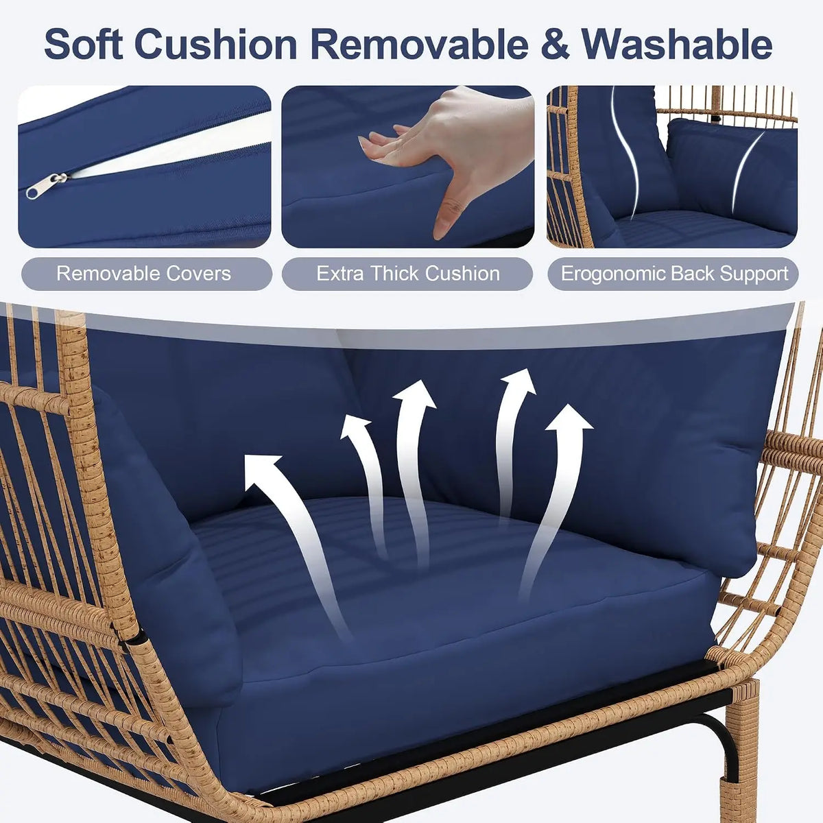 Garvee Hammock Rocking Chair Cushion Egg‑Shaped Lounge Chair for Garden Living Room Decoration Iron‑Frame with Navy Cushion Hanging Hammock Chair