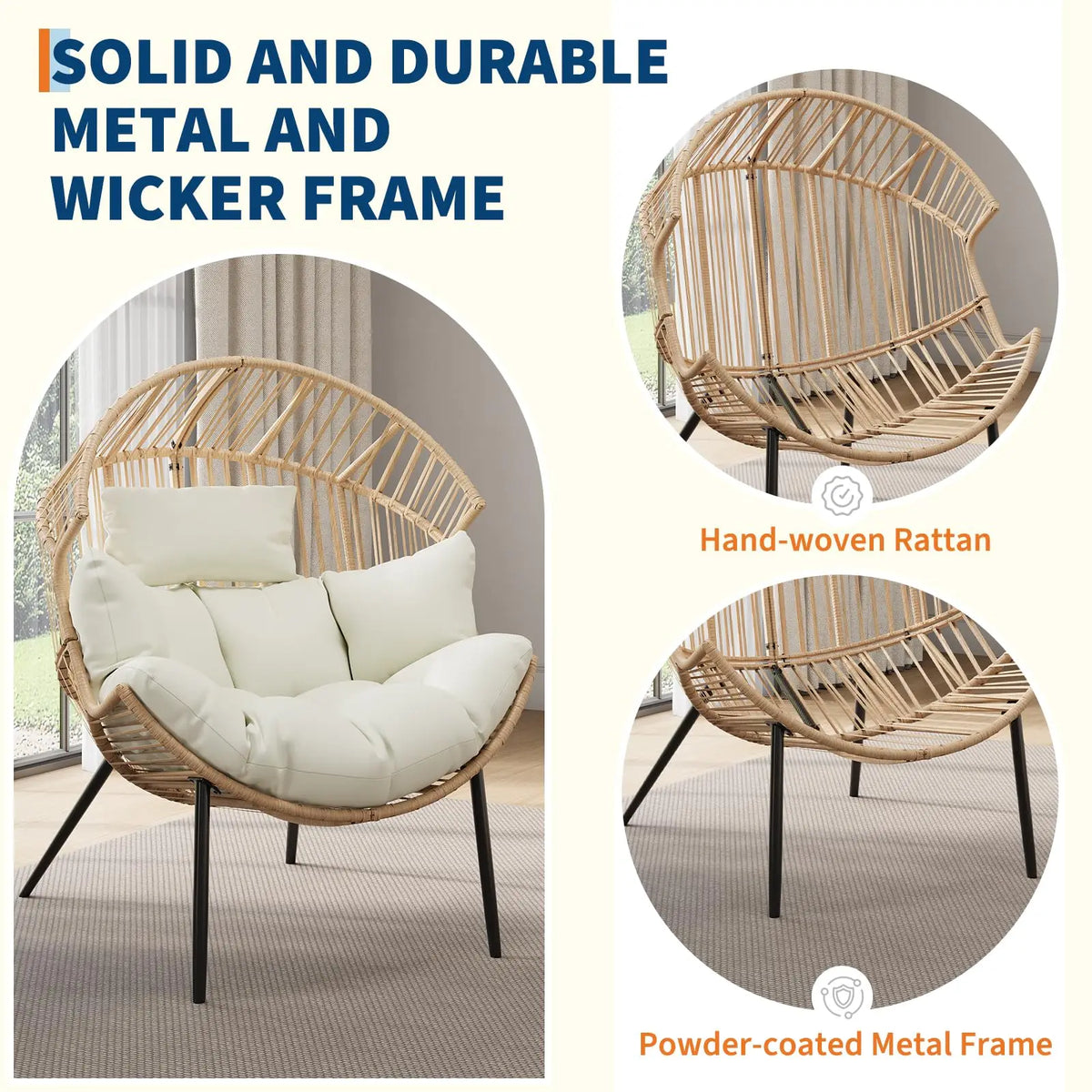 Outdoor Wicker Egg Chair with Extra-Soft Pillow and Thick Cushion | Oversized Ergonomic Rattan Lounge Rocker for Outdoor & Indoor, Living Room, Backyard & Garden – Cream Cushion, Wicker Frame