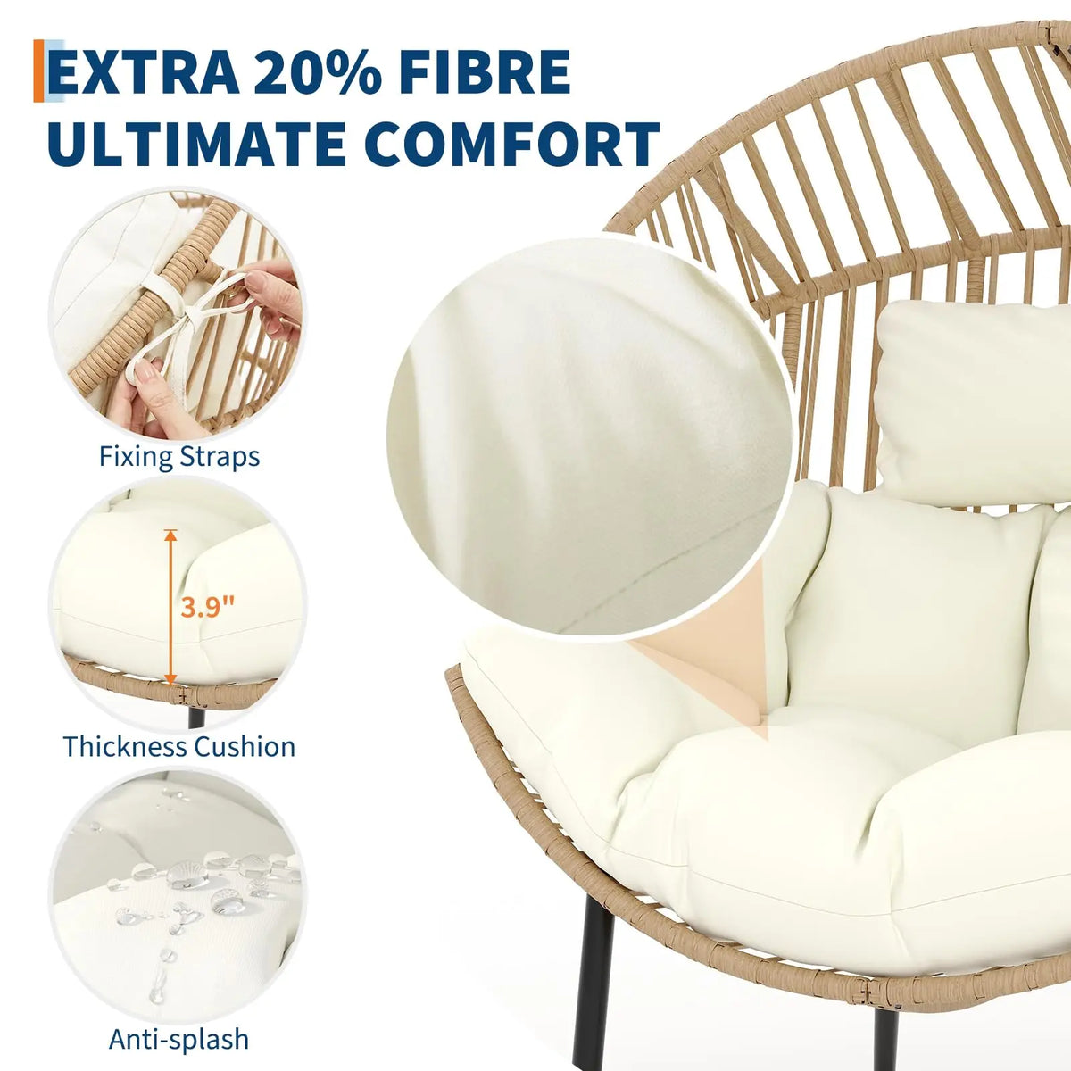 Outdoor Wicker Egg Chair with Extra-Soft Pillow and Thick Cushion | Oversized Ergonomic Rattan Lounge Rocker for Outdoor & Indoor, Living Room, Backyard & Garden – Cream Cushion, Wicker Frame