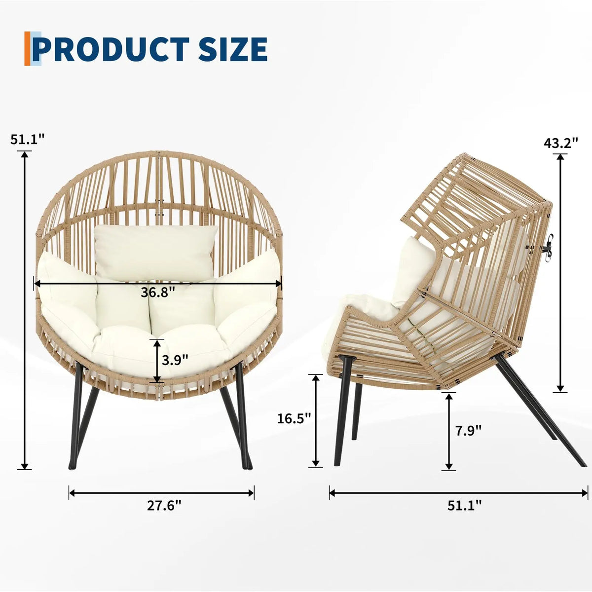 Outdoor Wicker Egg Chair with Extra-Soft Pillow and Thick Cushion | Oversized Ergonomic Rattan Lounge Rocker for Outdoor & Indoor, Living Room, Backyard & Garden – Cream Cushion, Wicker Frame