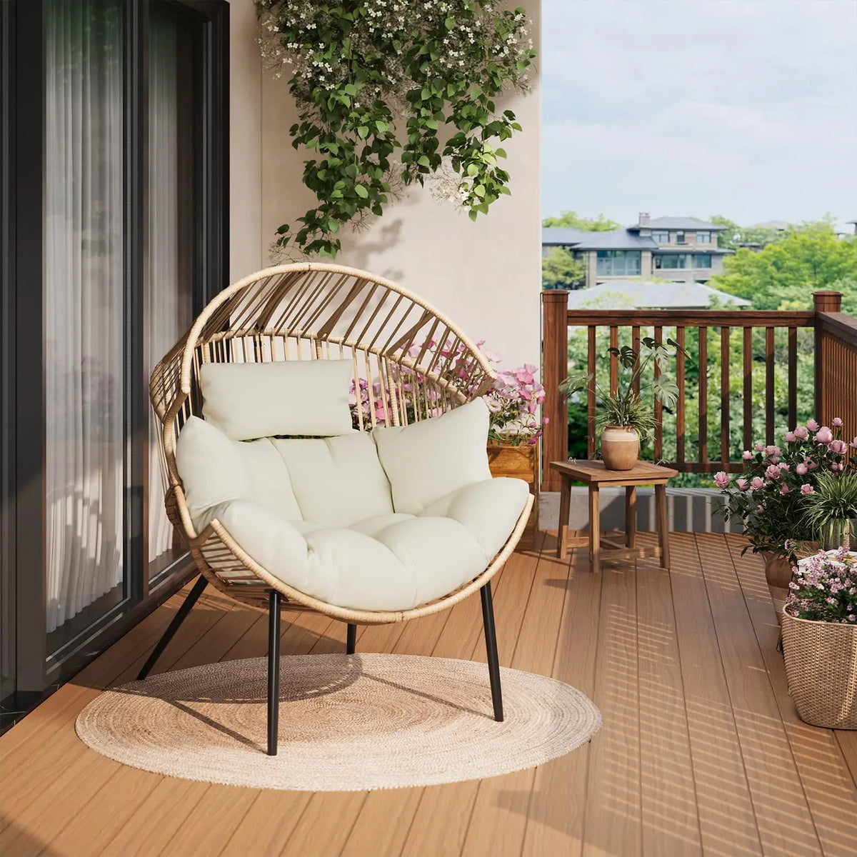 Outdoor Wicker Egg Chair with Extra-Soft Pillow and Thick Cushion | Oversized Ergonomic Rattan Lounge Rocker for Outdoor & Indoor, Living Room, Backyard & Garden – Cream Cushion, Wicker Frame