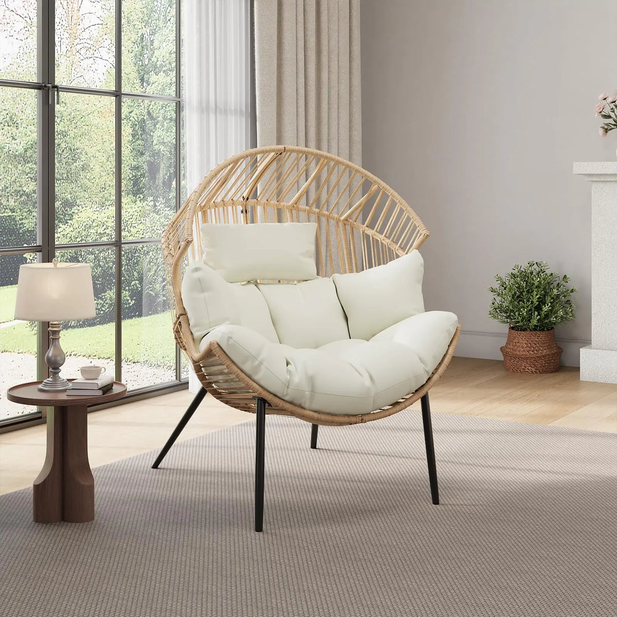 Outdoor Wicker Egg Chair with Extra-Soft Pillow and Thick Cushion | Oversized Ergonomic Rattan Lounge Rocker for Outdoor & Indoor, Living Room, Backyard & Garden – Cream Cushion, Wicker Frame