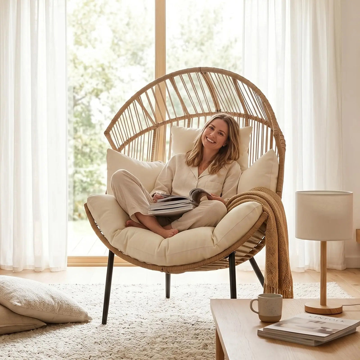 Outdoor Wicker Egg Chair with Extra-Soft Pillow and Thick Cushion | Oversized Ergonomic Rattan Lounge Rocker for Outdoor & Indoor, Living Room, Backyard & Garden – Cream Cushion, Wicker Frame
