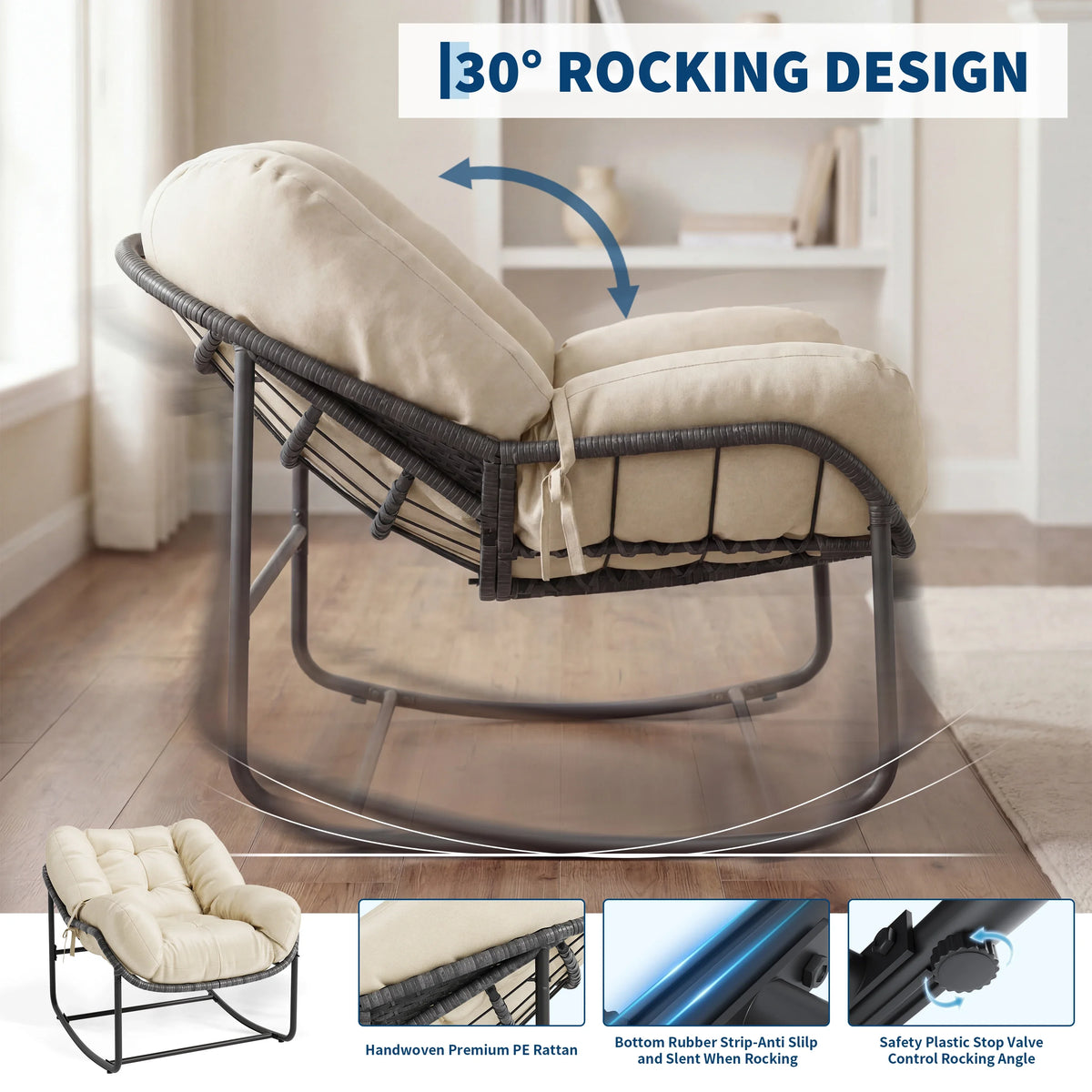 Outdoor Rocking Chair Oversized Egg-Shaped Wicker with Soft Cushion All-Weather Waterproof Rattan 330 lbs Capacity – for Patio, Garden, Balcony, Porch
