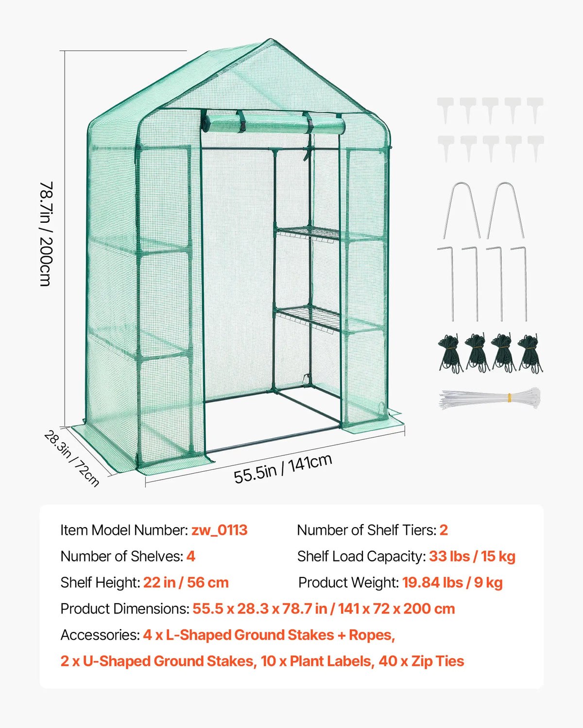 VEVOR Walk-in Green House Greenhouse with Shelves High Strength PE Cover with Doors & Windows and Steel Frame for Planting