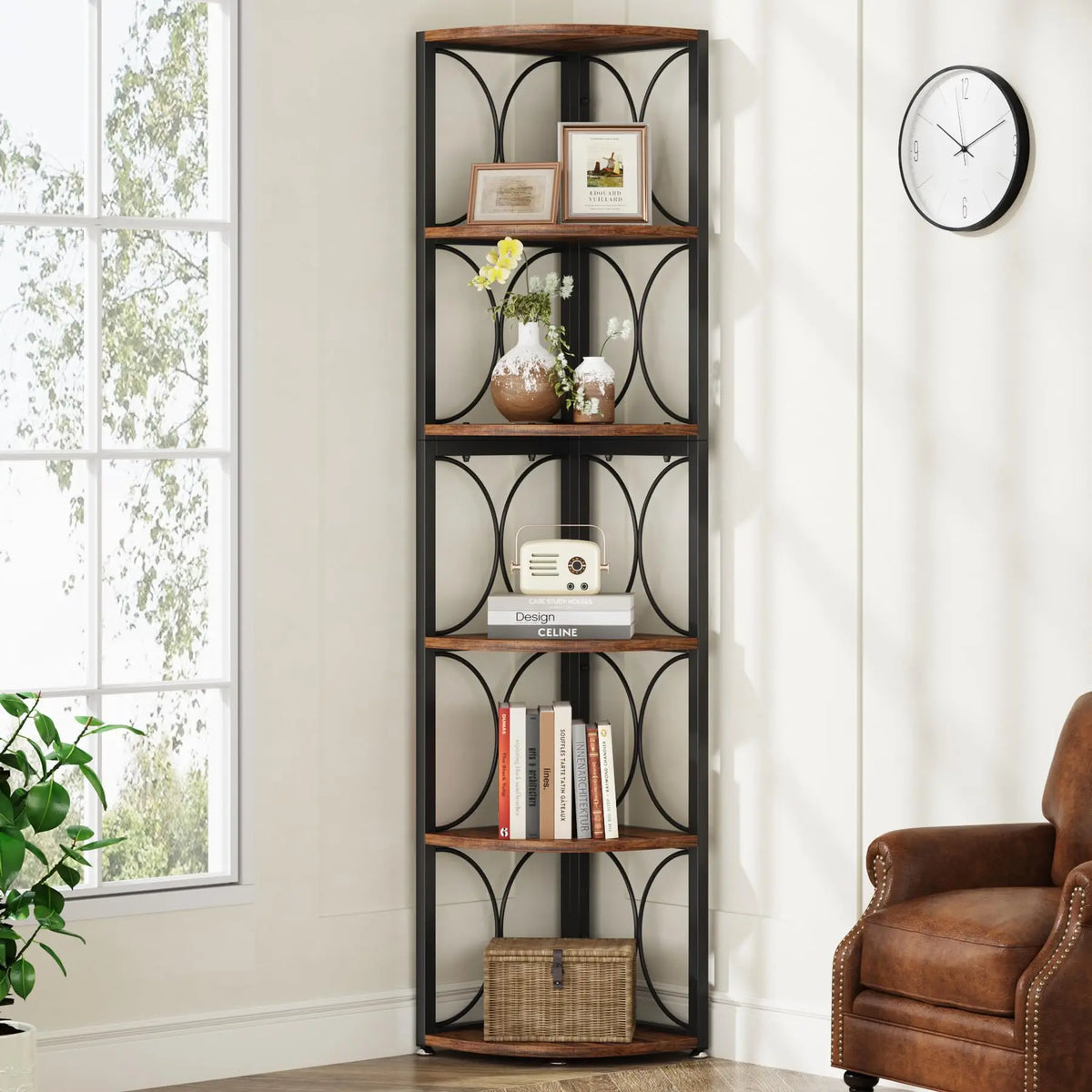 Tribesigns Rustic Six Tier Corner Bookshelf Storage Shelving Unit