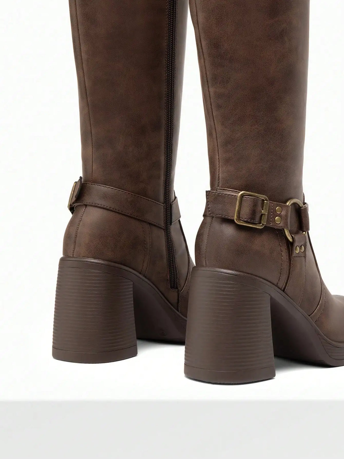 Women's Chunky Heel Platform Knee-High Boots Square Toe Side Zipper Adjustable Straps Buckle Decorated Motorcycle Riding Boots Brown Boots