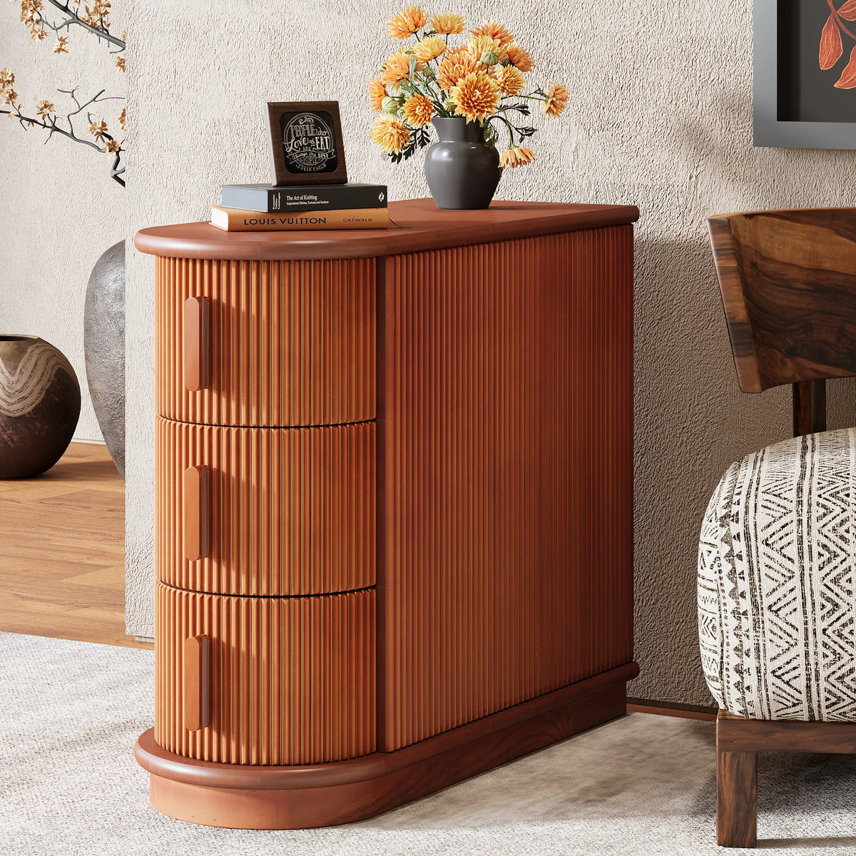 Tribesigns Solid Wood Three Drawer Oval End Table for Sofa Side Seating