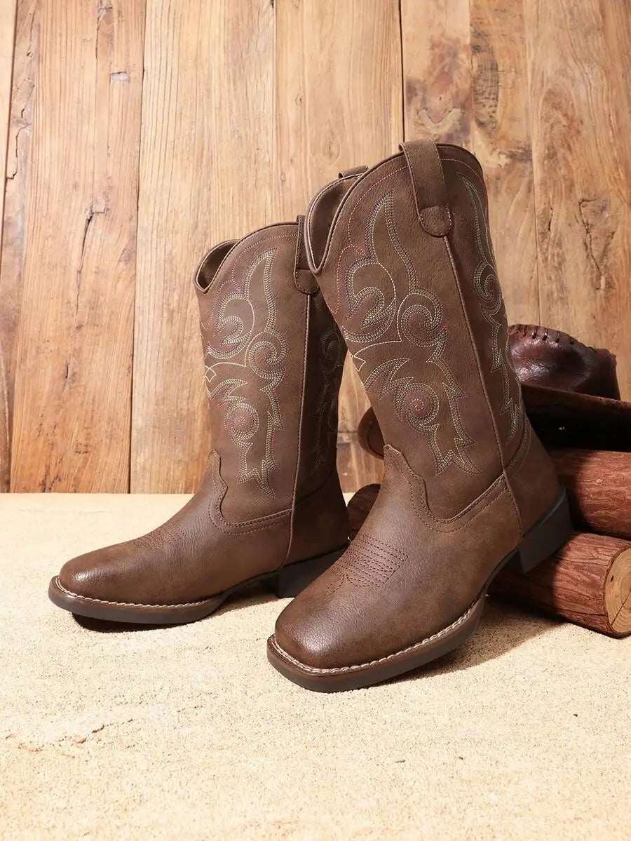 Women's Cowboy Boots Embroidered Square Toe Chunky Low Heel Mid Calf Cowgirl Western Fashionable For Theme Party Country