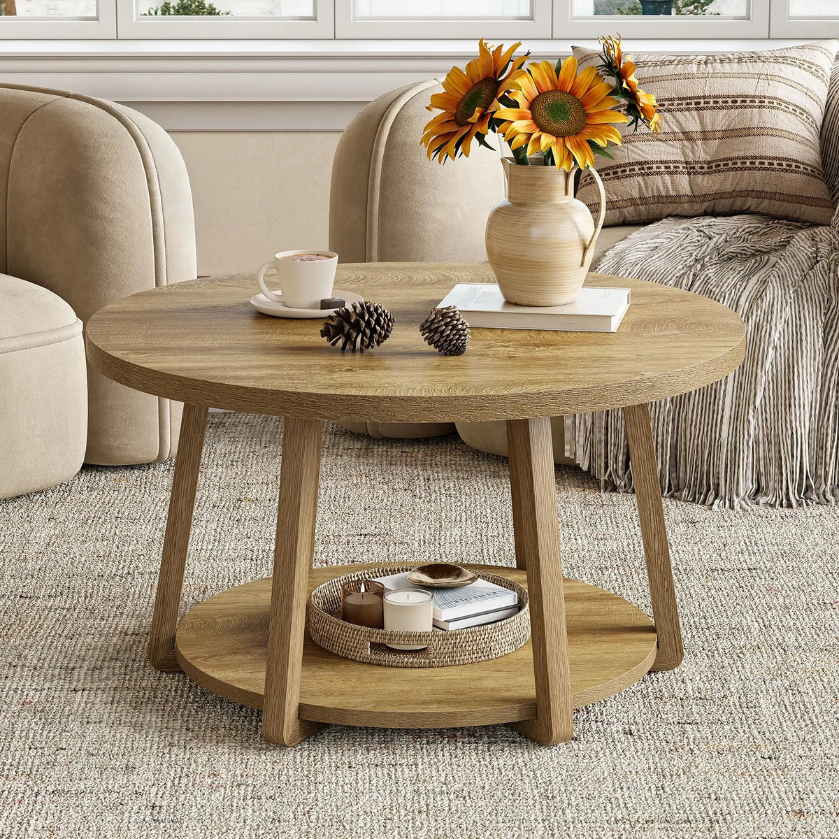 Tribesigns Round Two Tier Coffee Table With Convenient Storage