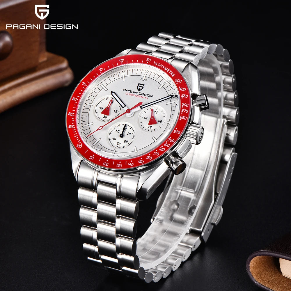 PAGANI DESIGN New Retro Red Watch Luxury Quartz Watches For Men Stainless Steel Luminous AR Sapphire Crystal Chronograph Man