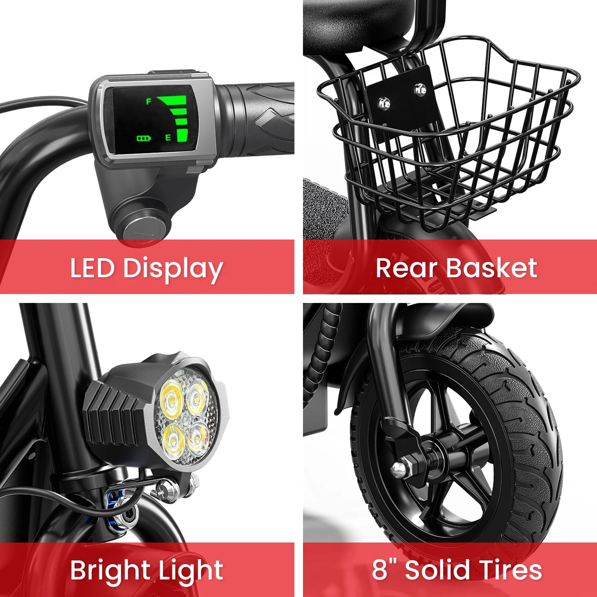 Spacewalk Kids Electric Scooter with Bluetooth Speaker Foldable Design Seat Carry Basket LED Light Strip 11MPH Speed 132lbs Max