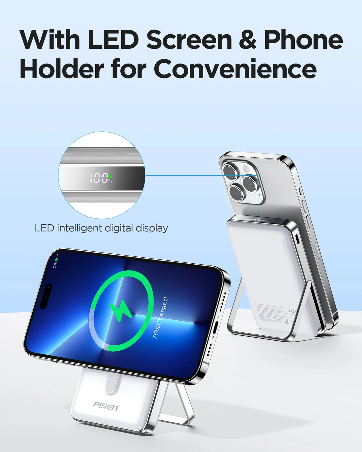 PISEN 10000mAh Magnetic Wireless Power Bank With Built In Stand