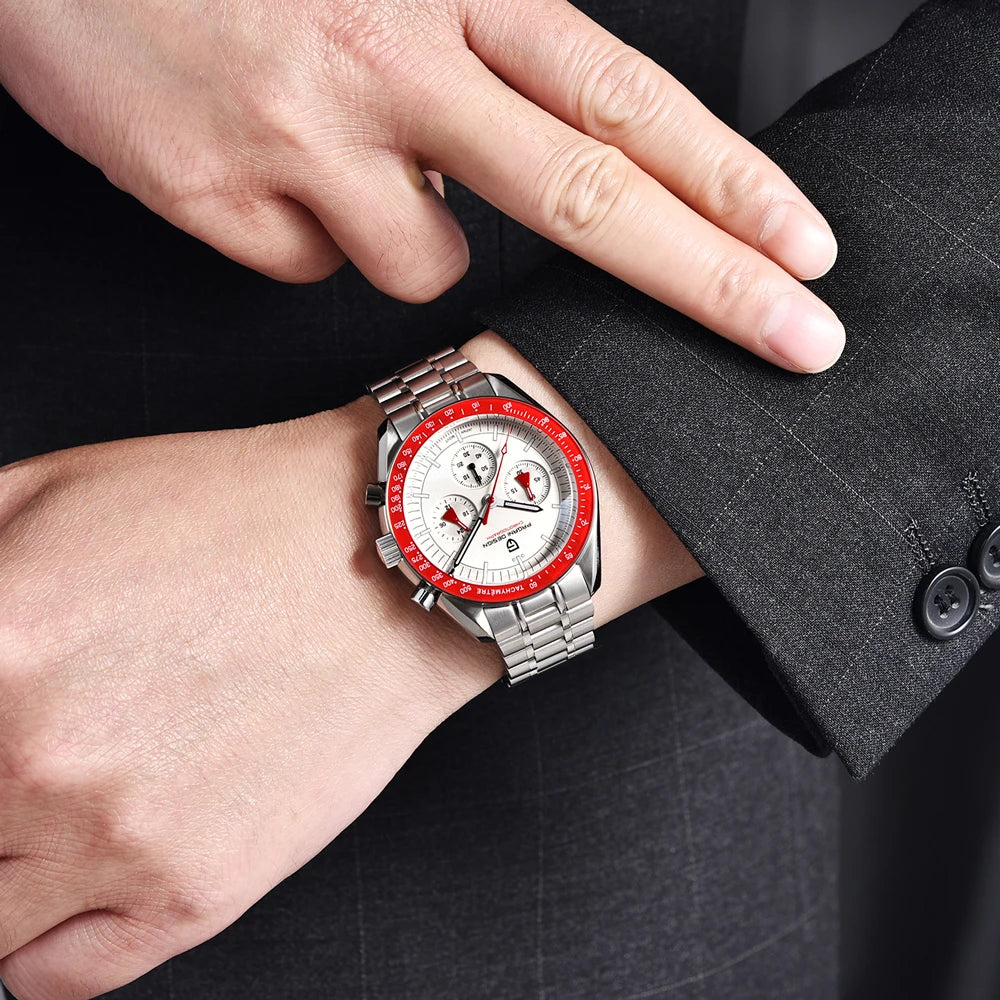 PAGANI DESIGN New Retro Red Watch Luxury Quartz Watches For Men Stainless Steel Luminous AR Sapphire Crystal Chronograph Man