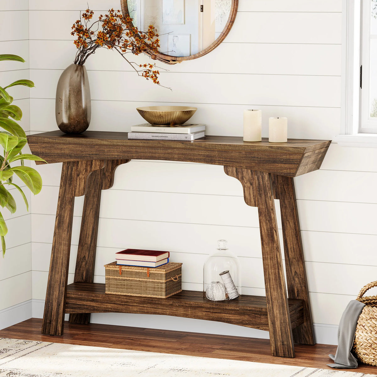 Tribesigns Farmhouse Console Table With Two Tier Storage Shelf