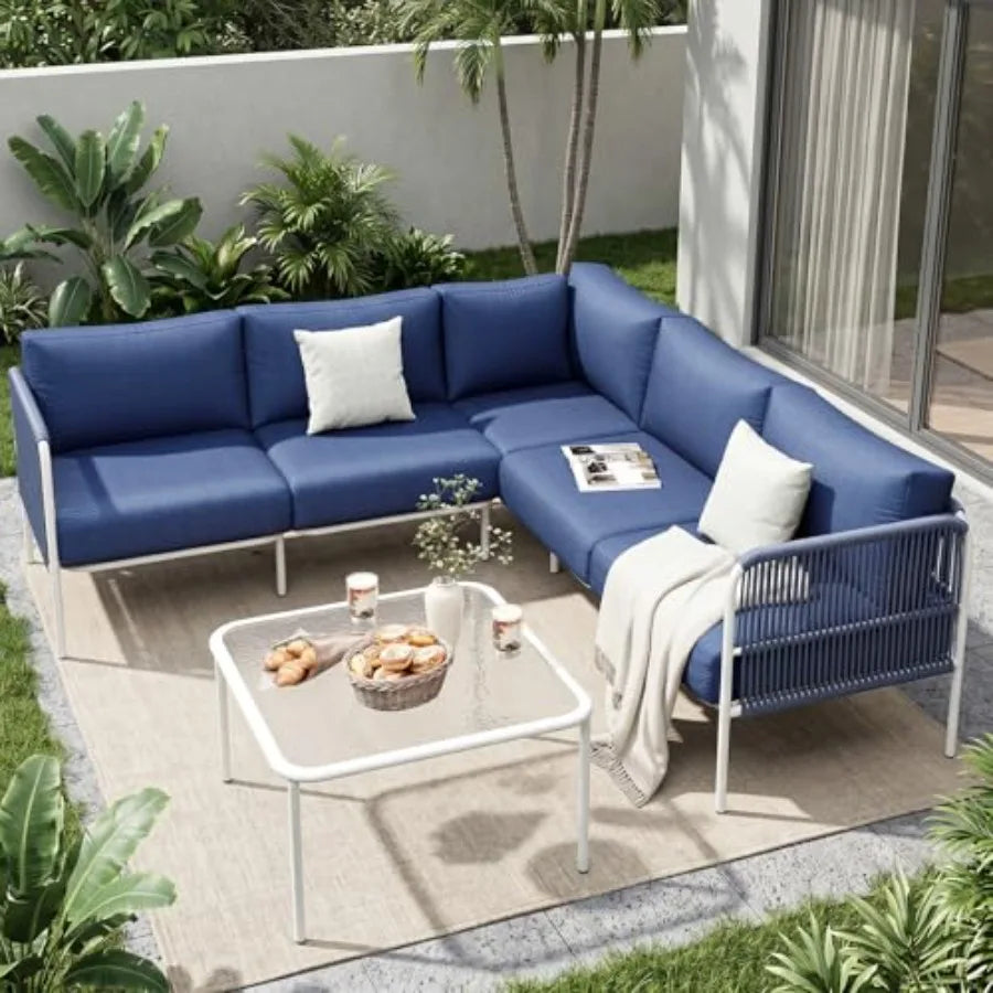 Outdoor patio furniture set for backyard garden balcony: all-weather metal L-shaped sectional sofa with side table and thick cu