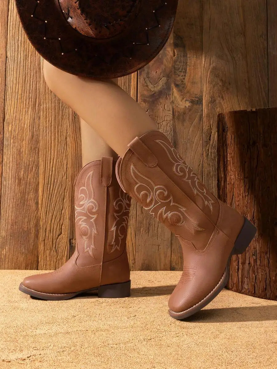 Women's Cowboy Boots Embroidered Square Toe Chunky Low Heel Mid Calf Cowgirl Western Fashionable For Theme Party Country