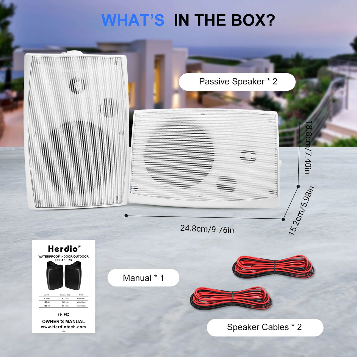 Herdio 5.25" Outdoor Speakers Waterproof Wired 300W Wall Mount Speakers Superior Sound Dual Swivel Brackets for Patio