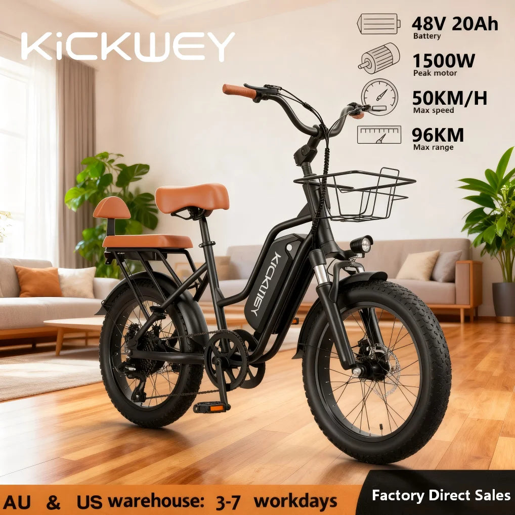 Kickwey LD20 1500W Electric Bike 20x3' Fat Tire Electric Mountain Bike Electric Bicycle 48V 20AH Women's 250W Electric Road Bike