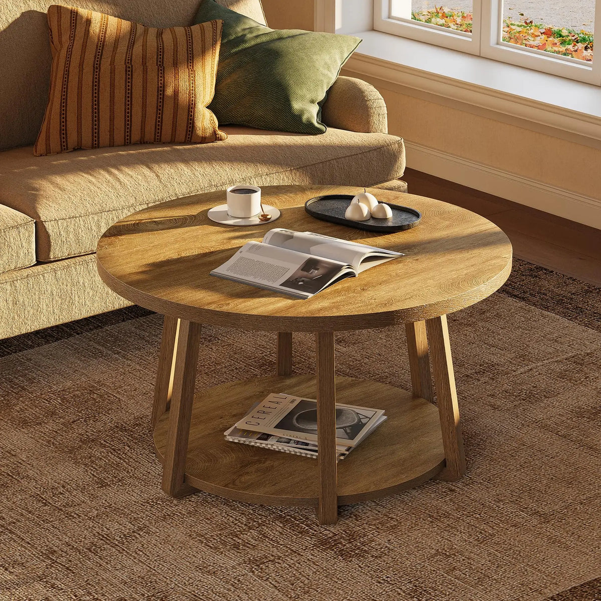 Tribesigns Round Two Tier Coffee Table With Convenient Storage