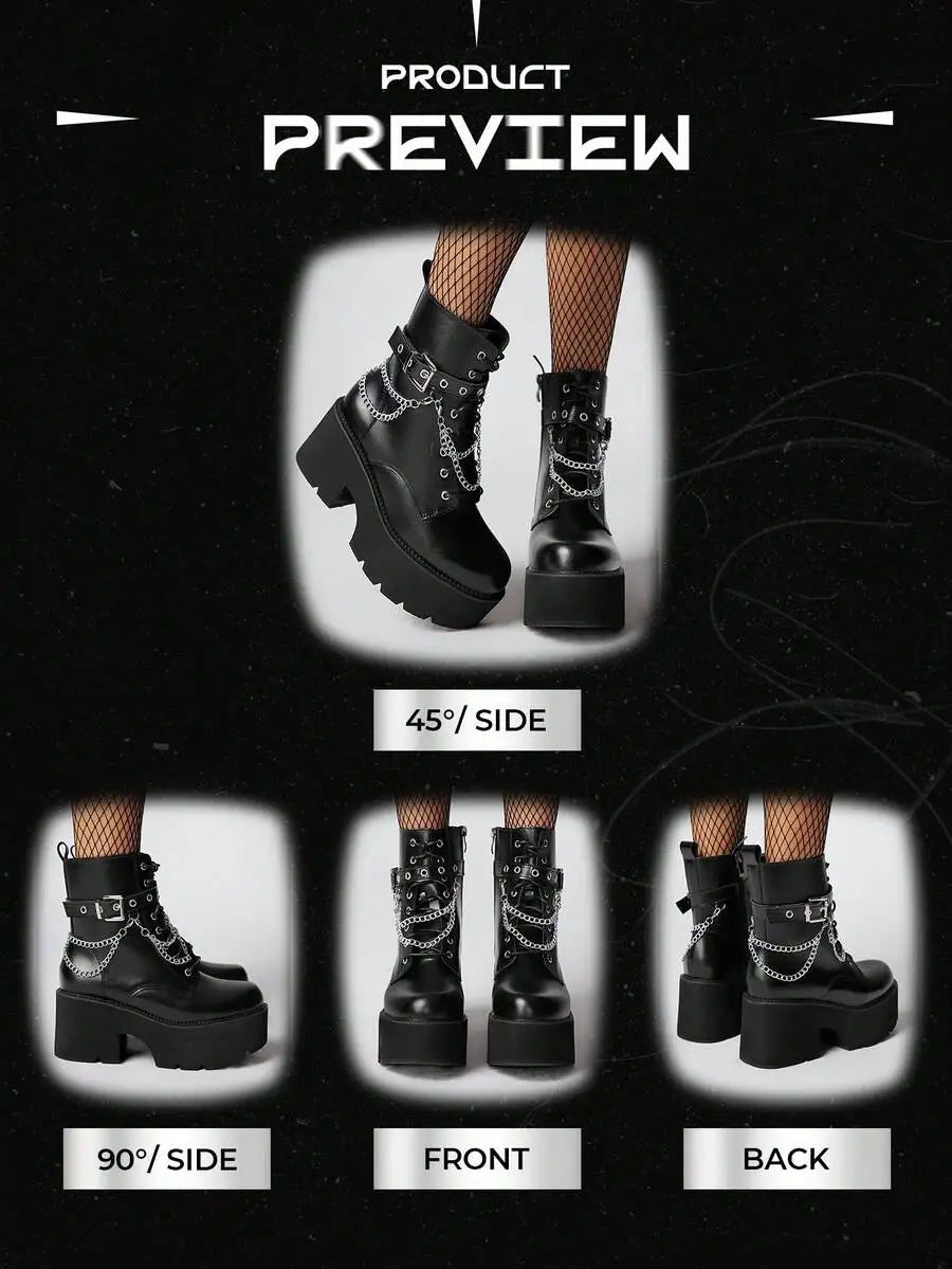 ROMWE Grunge Punk Women's Dark Punk Style Thick Sole Chunky Heel Ankle Boots, Gothic Metal Chain Decor Wedge Ankle Boots,