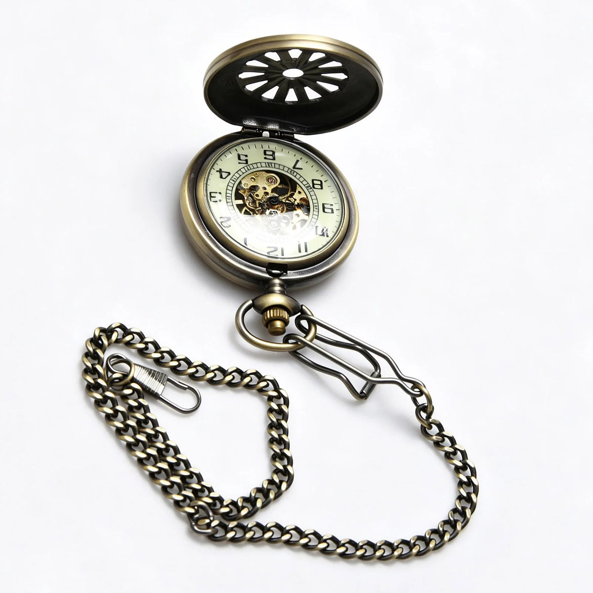 Vintage Open Face Pocket Watch with Chain and Arabic Numerals