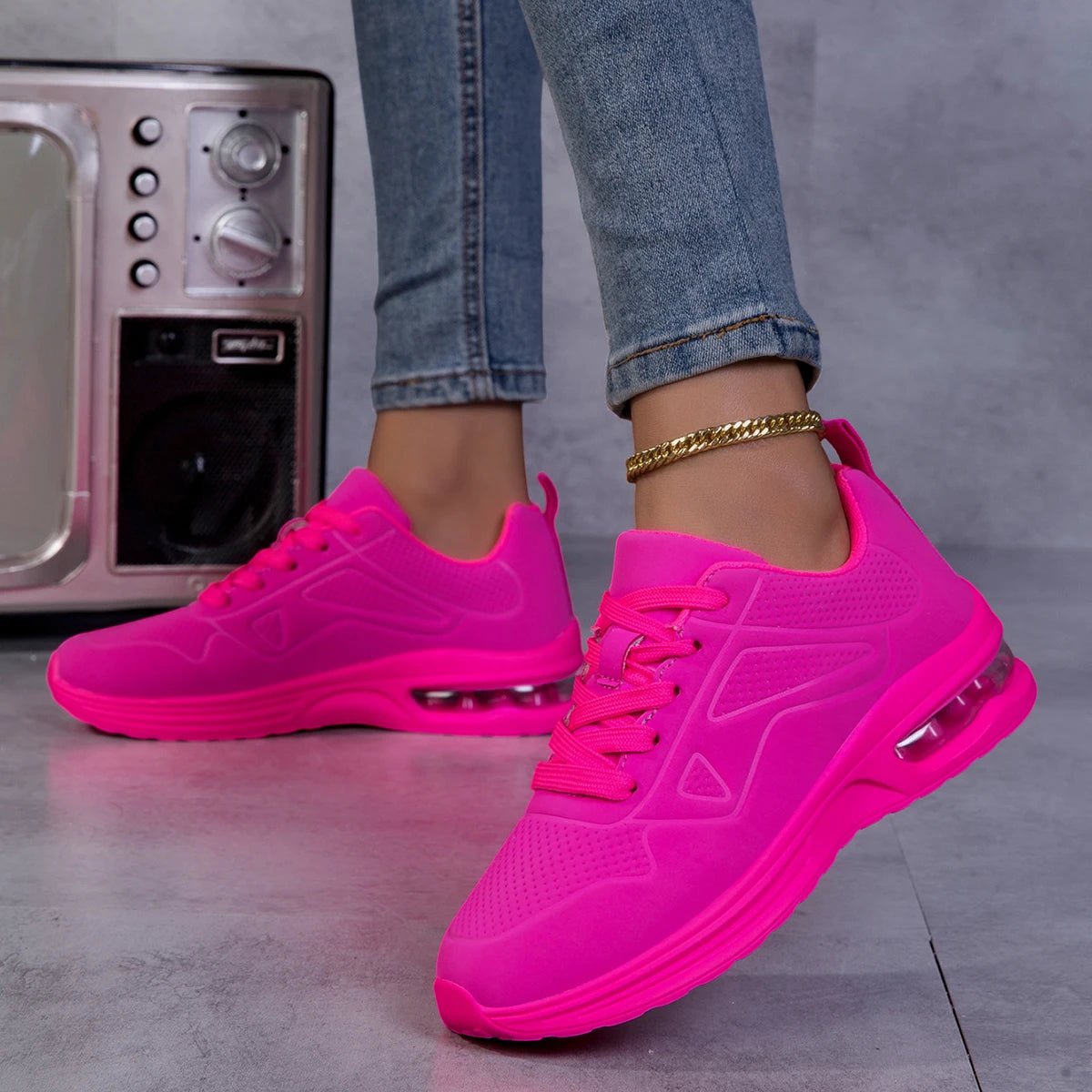 Women Solid Color Air Cushion Walking Sneakers Breathable Soft Upper Shock Absorb Non Slip Lace Up Lightweight Sports Shoes Gym Jogging Travel Daily Casual Running Footwear 2026 New