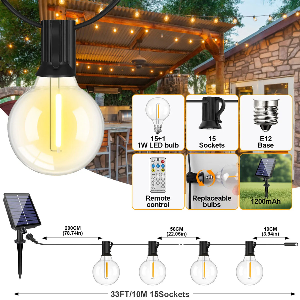 Shatterproof Solar String Lights With Remote For Outdoor Garden