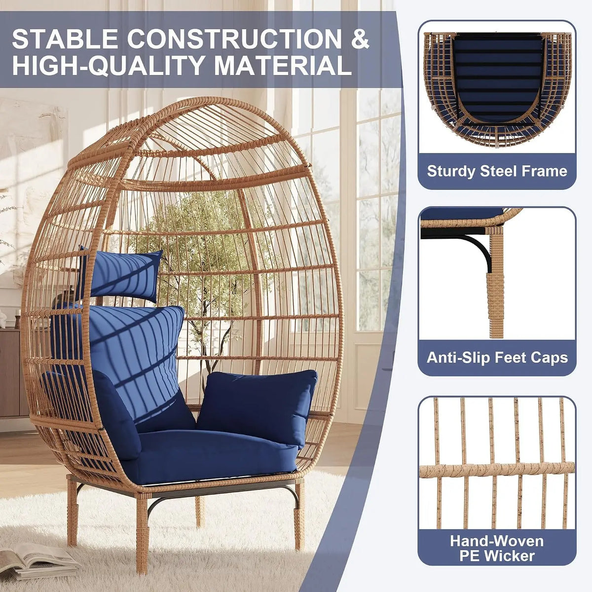 Garvee Hammock Rocking Chair Cushion Egg‑Shaped Lounge Chair  for Garden Living Room Decoration Iron‑Frame with Navy Cushion Hanging Hammock Chair