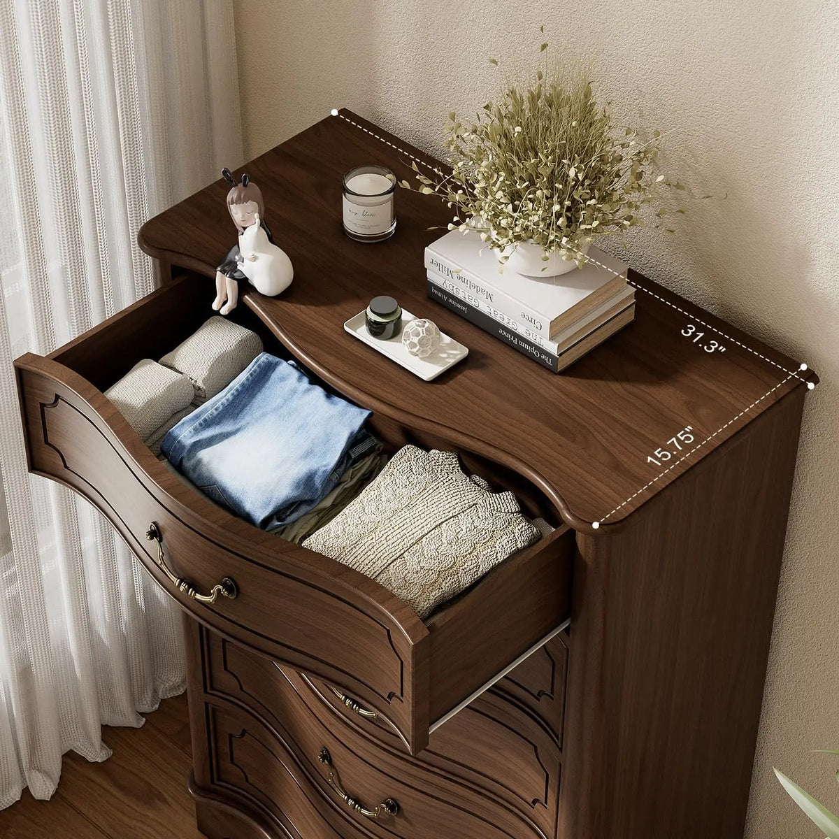 Farmhouse Five Drawer Bedroom Dresser With Rustic Wood Storage