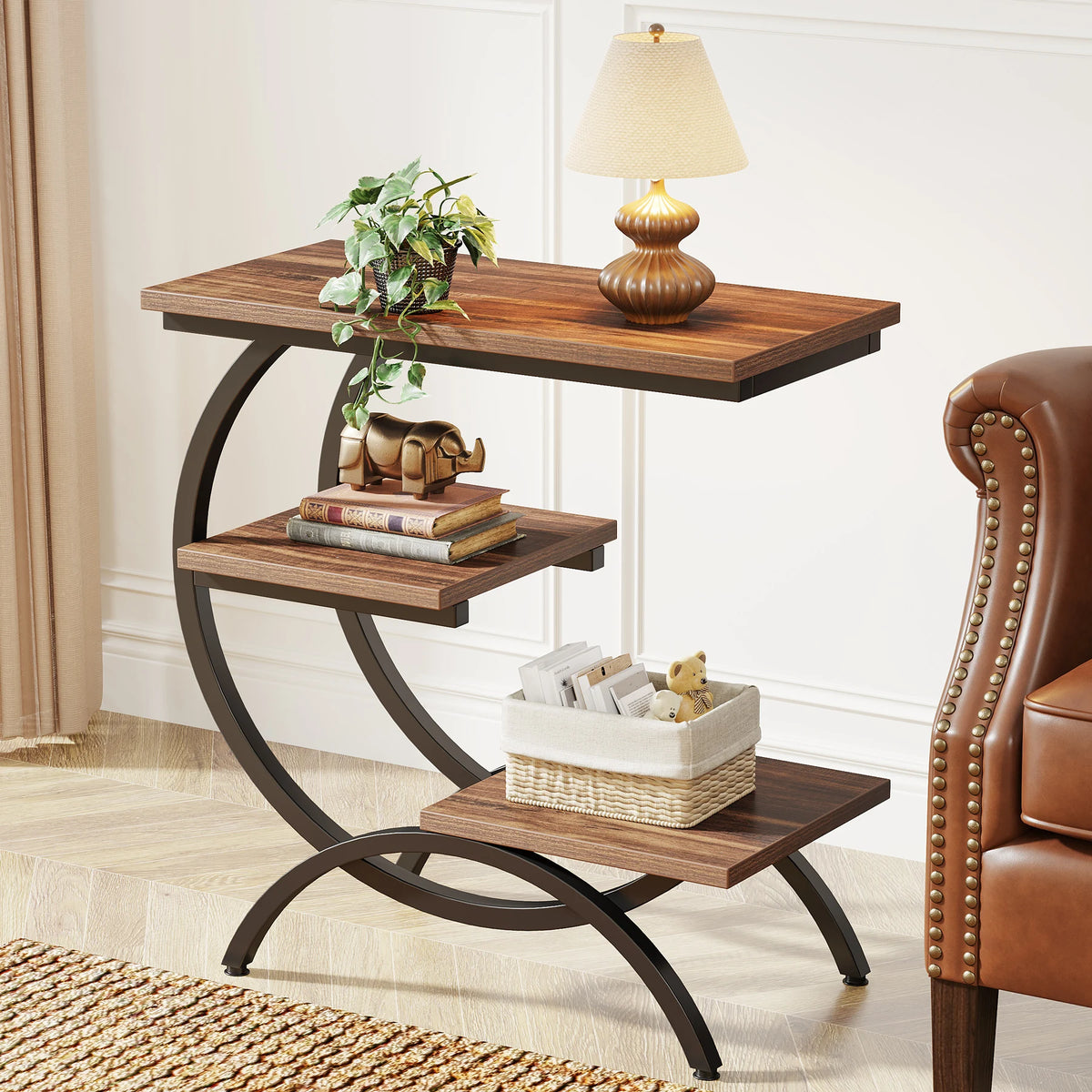Tribesigns Industrial C-Shaped End Table With Three Storage Shelves