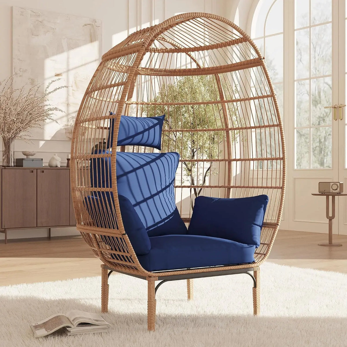 Garvee Hammock Rocking Chair Cushion Egg‑Shaped Lounge Chair  for Garden Living Room Decoration Iron‑Frame with Navy Cushion Hanging Hammock Chair