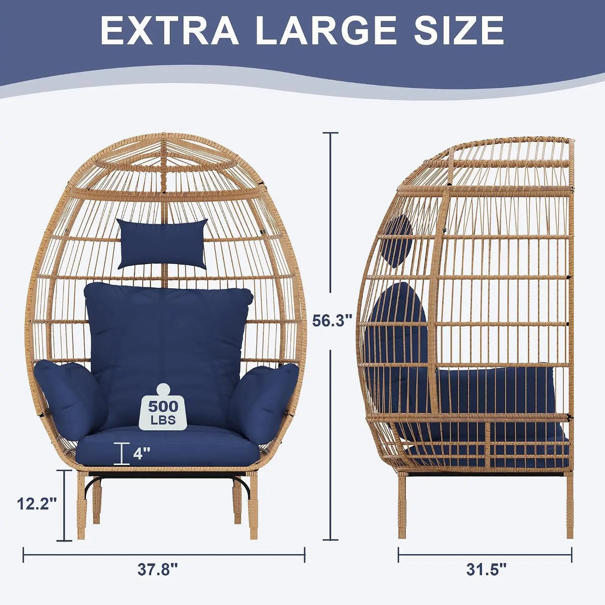 Garvee Hammock Rocking Chair Cushion Egg‑Shaped Lounge Chair  for Garden Living Room Decoration Iron‑Frame with Navy Cushion Hanging Hammock Chair