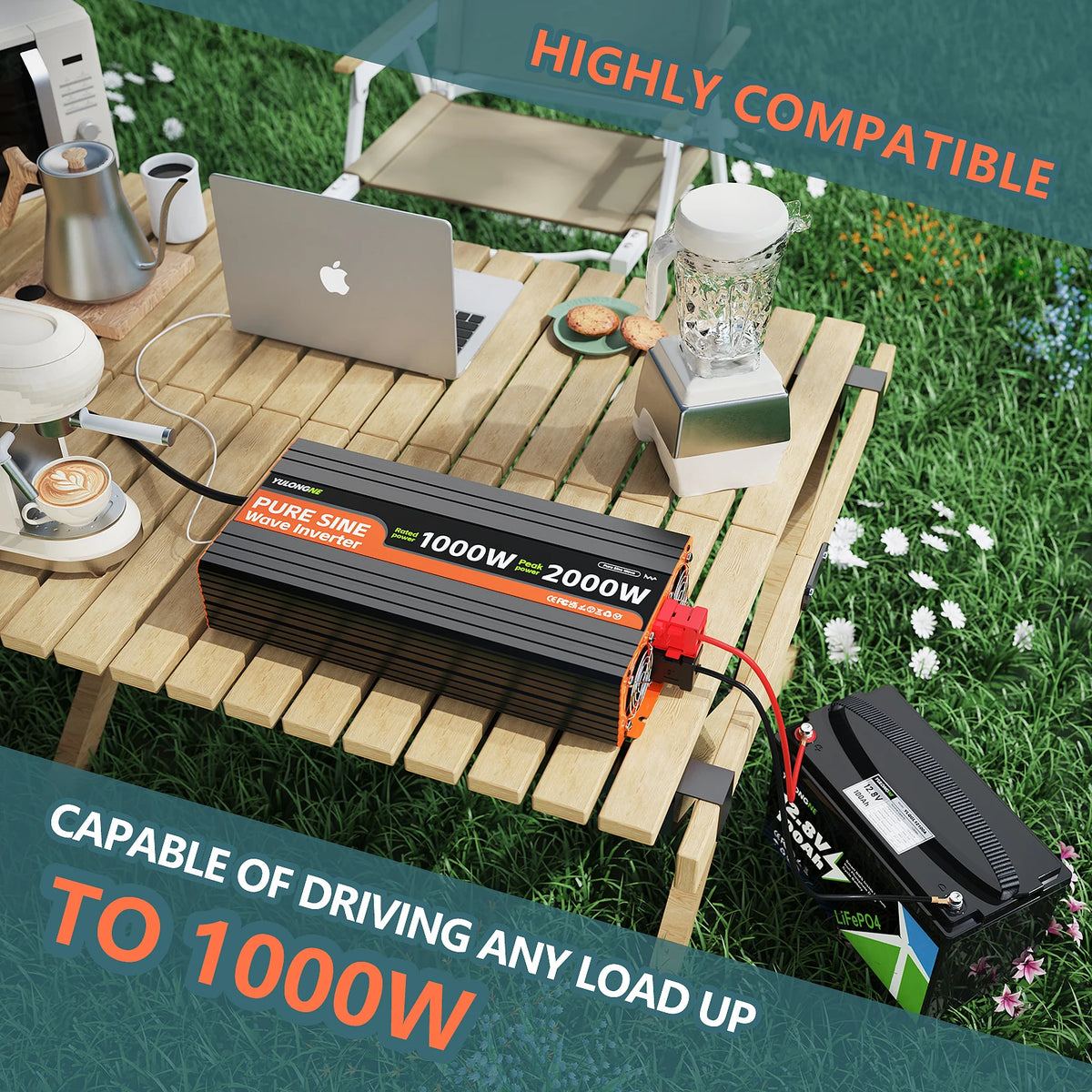 YULONGNE 1000W Pure Sine Wave Inverter DC 12V to AC 110V Power Inverter, Peak 2000W Car Inverter with LCD Display, Remote Control, 2 US AC Outlets, USB‑C USB Ports for RV Solar Off‑Grid Truck Camping Home Emergency Power