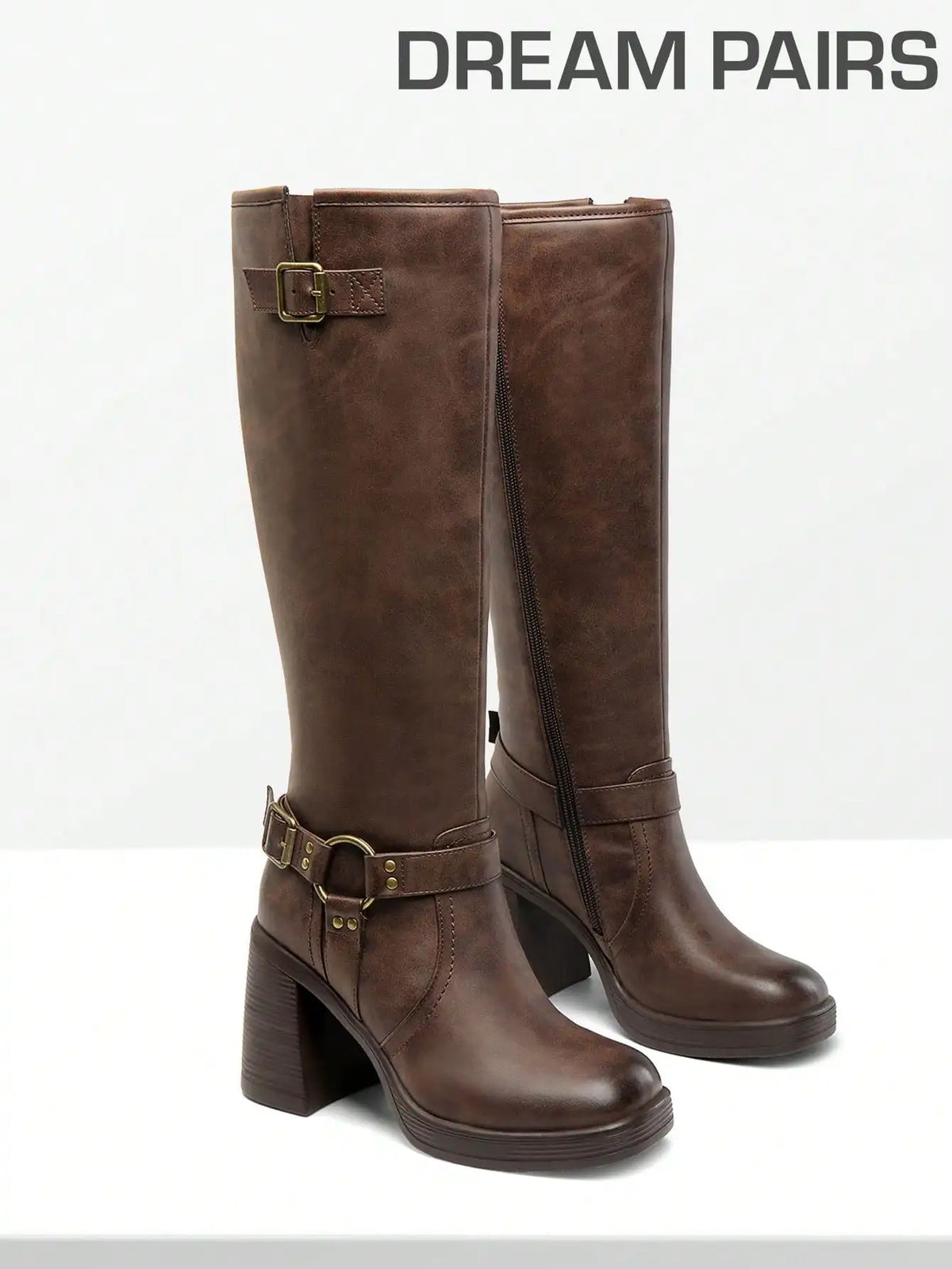 Women's Chunky Heel Platform Knee-High Boots Square Toe Side Zipper Adjustable Straps Buckle Decorated Motorcycle Riding Boots Brown Boots