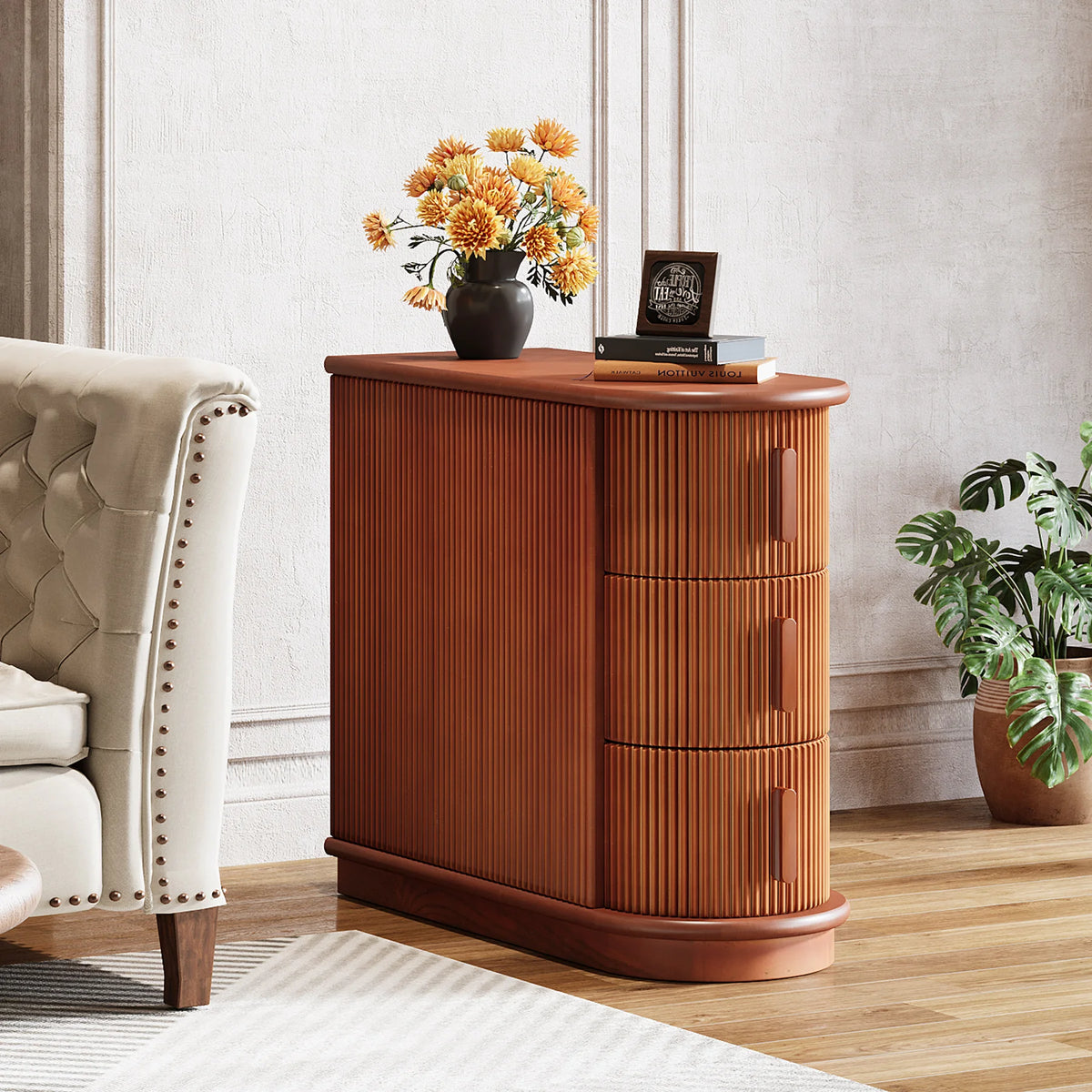 Tribesigns Solid Wood Three Drawer Oval End Table for Sofa Side Seating