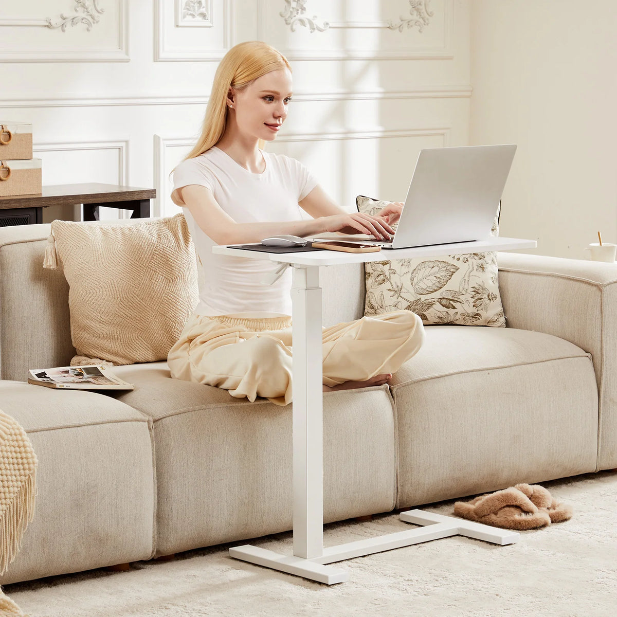 JHK Adjustable Overbed Table With Hidden Wheels For Bedroom Use