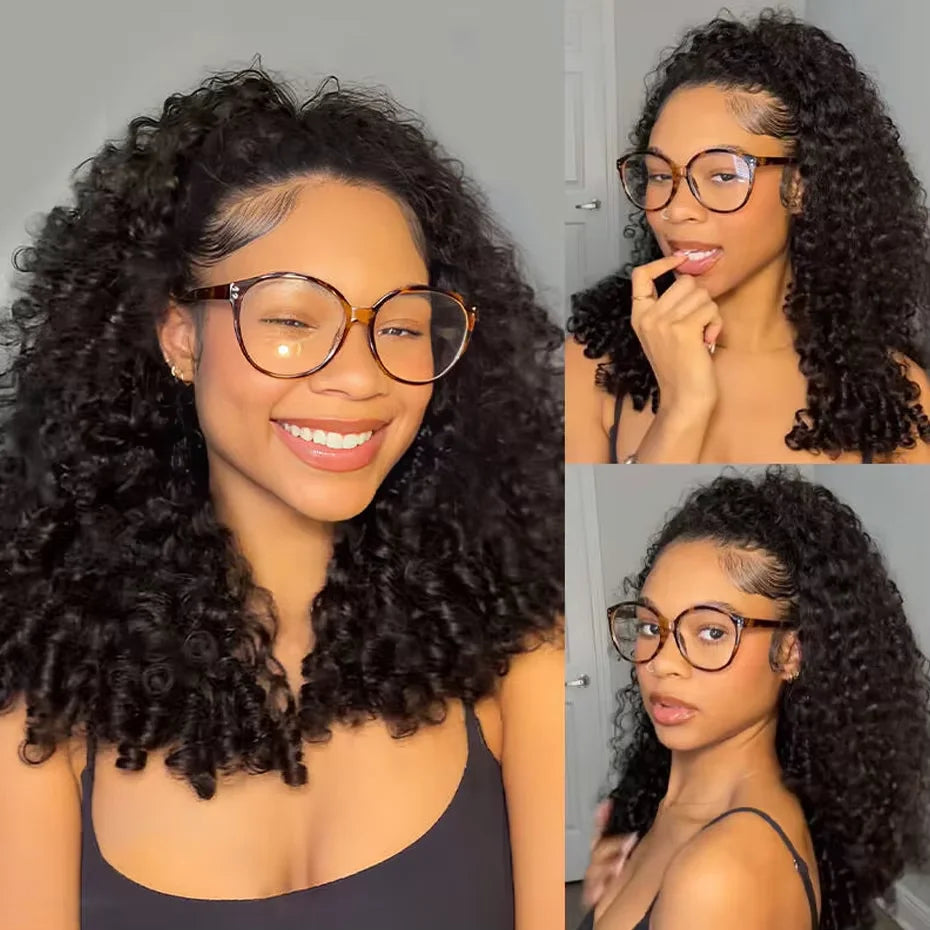 TAHIKIE Remy Curly Human Hair Three In One Half Wig