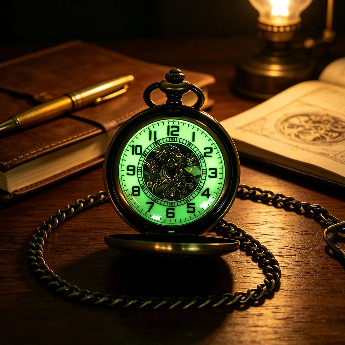 Vintage Open Face Pocket Watch with Chain and Arabic Numerals