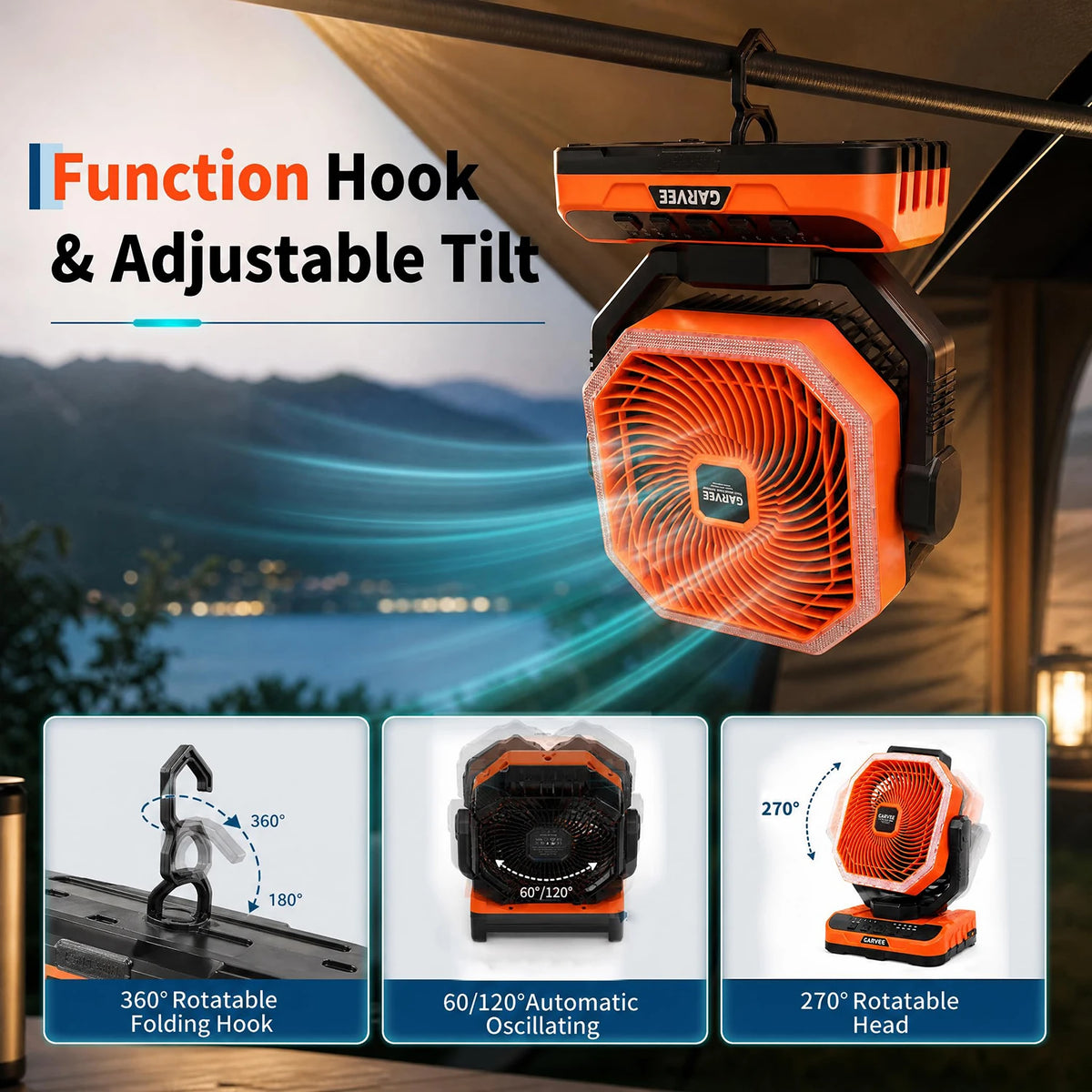 HiMiss Portable Camping Fan Five Speed Rechargeable Battery Led Light