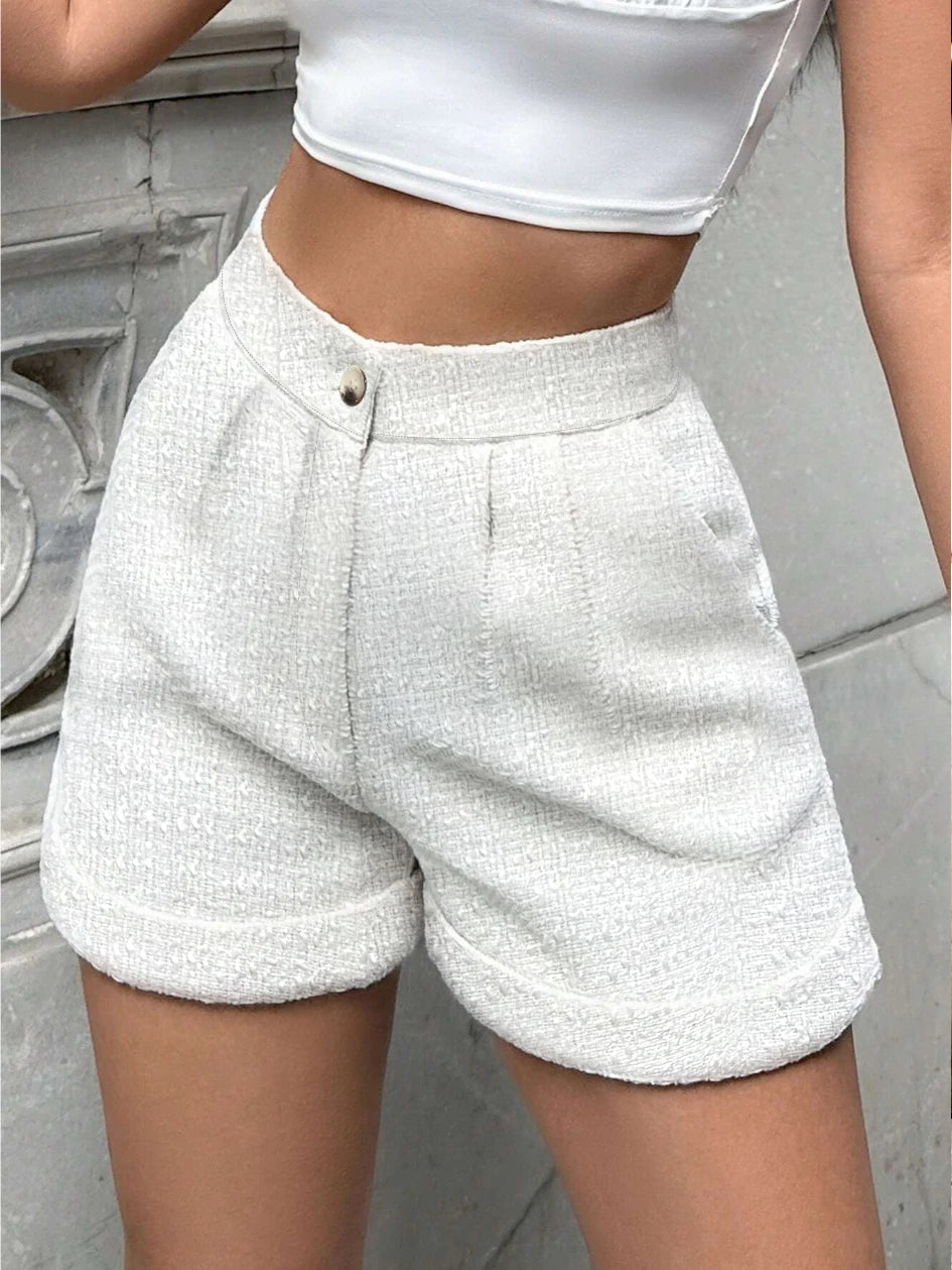 Women's White High Waist Tweed Shorts Casual Elegant Short Pants Solid Color Pockets Streetwear